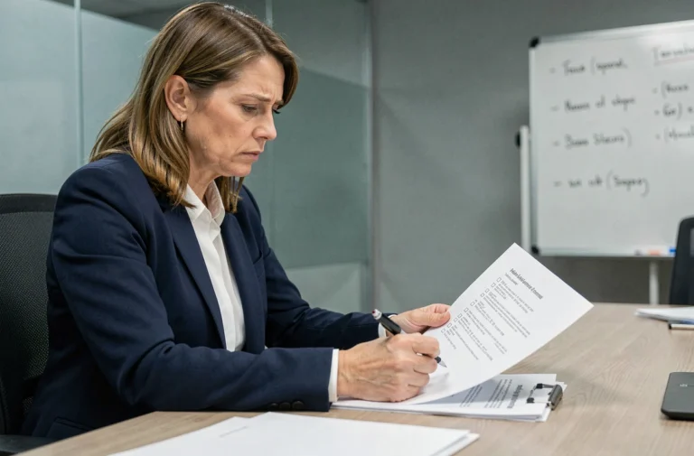 Femme professionnelle relisant attentivement un ordre du jour de CAL pour éviter les erreurs d'inscription