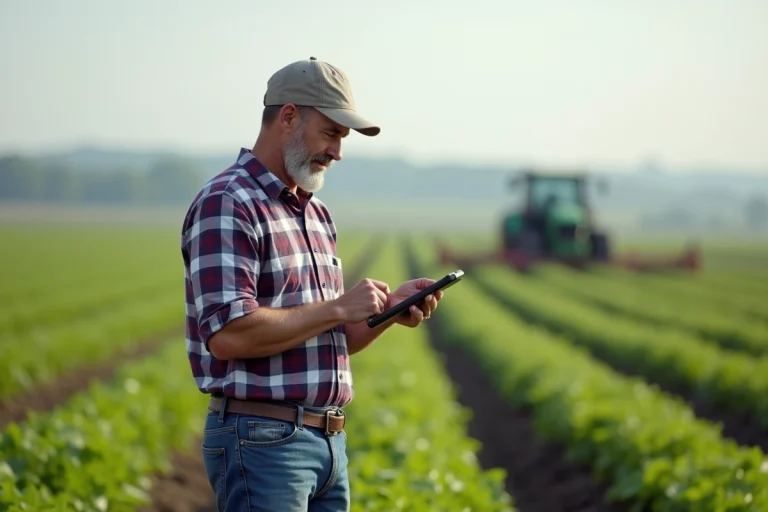 Fermeur utilisant une tablette dans un champ vert