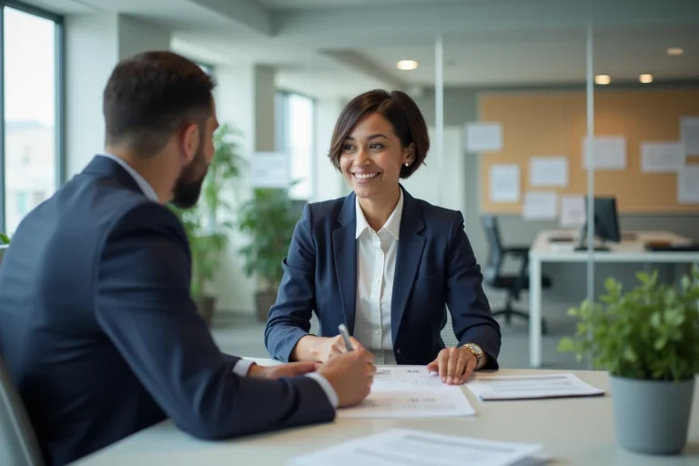 Femme en fin de contrat CDDI rencontrant un conseiller en insertion professionnelle pour préparer sa transition vers l'emploi