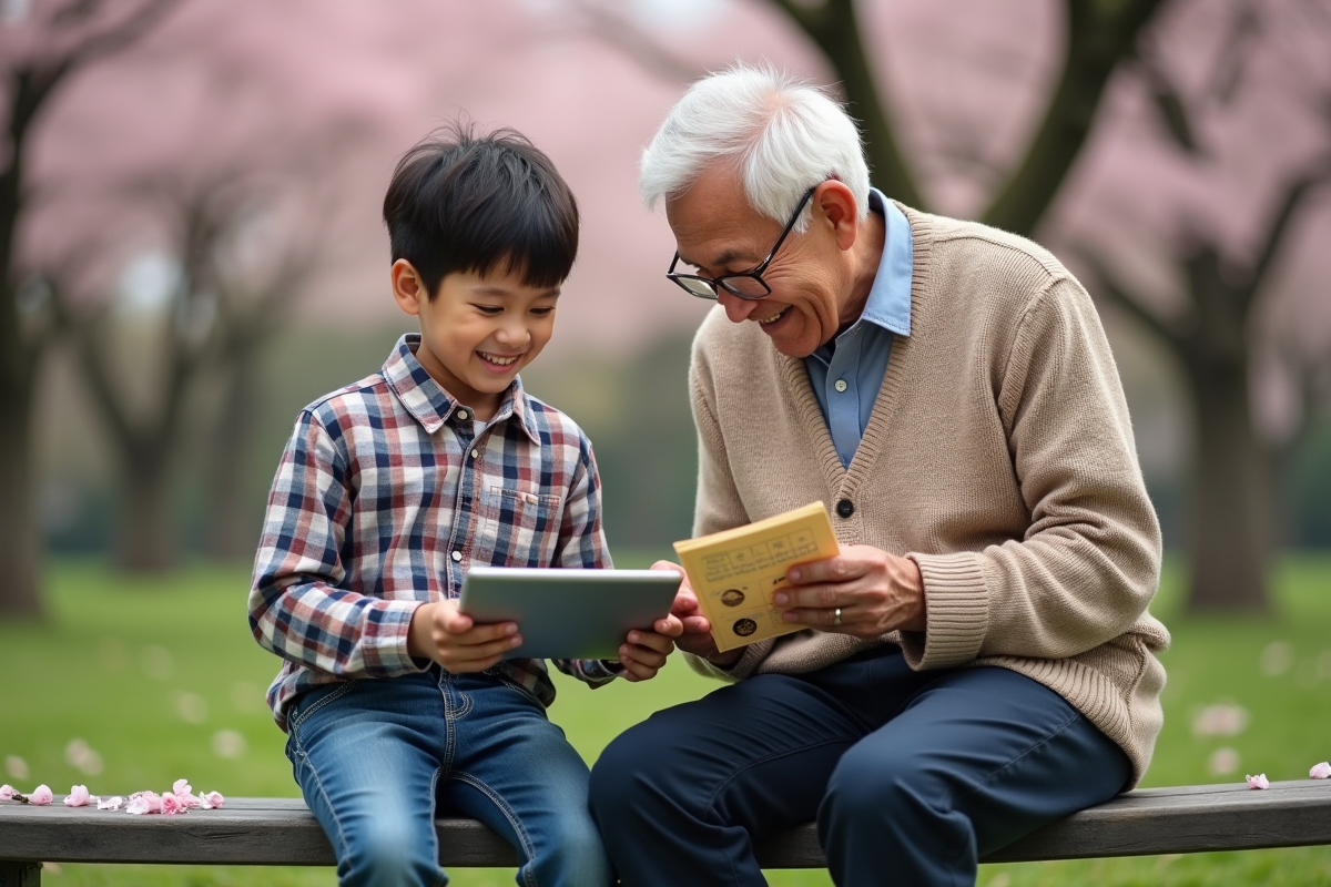 Grand-père et enfant regardant un calendrier lunaire en plein air