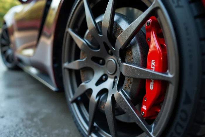 Gros plan sur un disque de frein en céramique monté sur une roue de voiture de sport avec étrier rouge