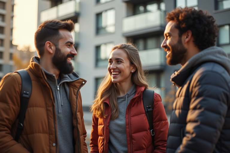 Groupe de nouveaux arrivants souriants devant un immeuble à Montreal
