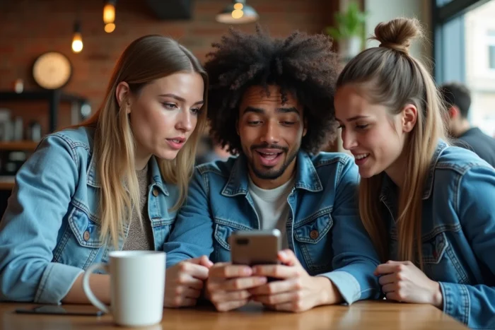 Groupe de personnes réagissant ensemble à un contenu controversé sur un smartphone dans un café, symbolisant le débat public autour des leaks en ligne