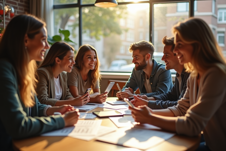 Groupe de jeunes adultes discutant dans un café lumineux