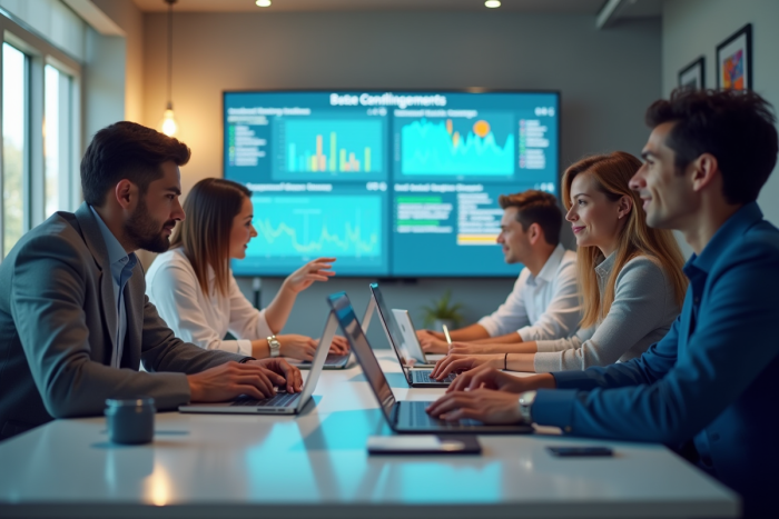 Groupe de professionnels collaborant dans un bureau lumineux