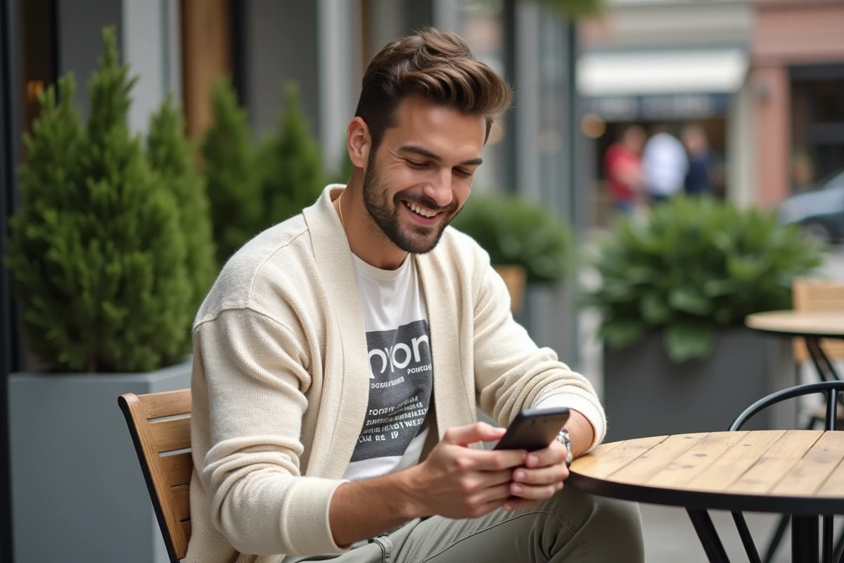 Homme décontracté en cardigan et t-shirt au café en ville