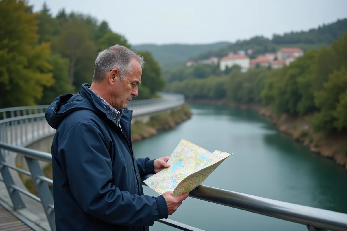 Homme regardant une carte sur le pont à la frontière franco-espagnole
