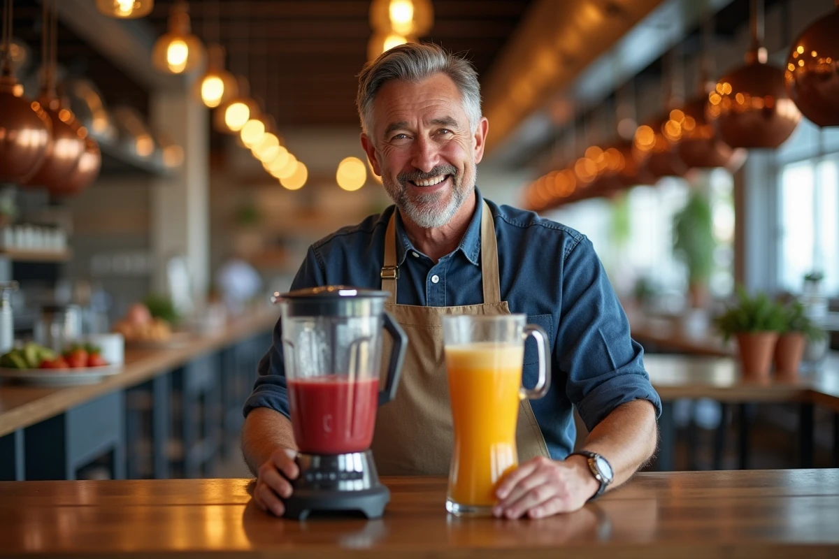 Concours cuisine homme tenant un smoothie frais dans un environnement animé