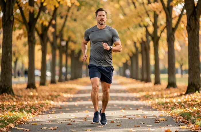 Homme qui court dans un parc en automne dans le cadre d'un programme de perte de poids efficace