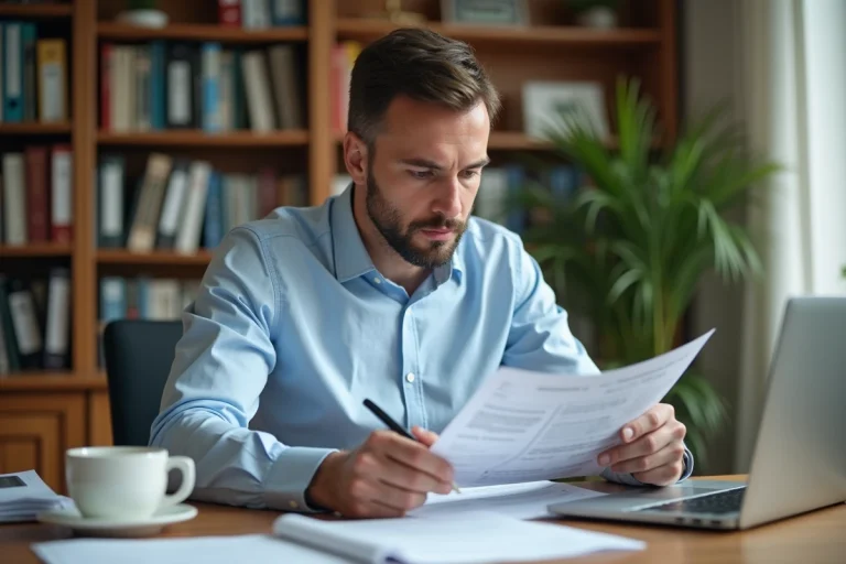 Homme consultant des documents fiscaux français à son bureau pour la suppression de l'annexe 2044 EB