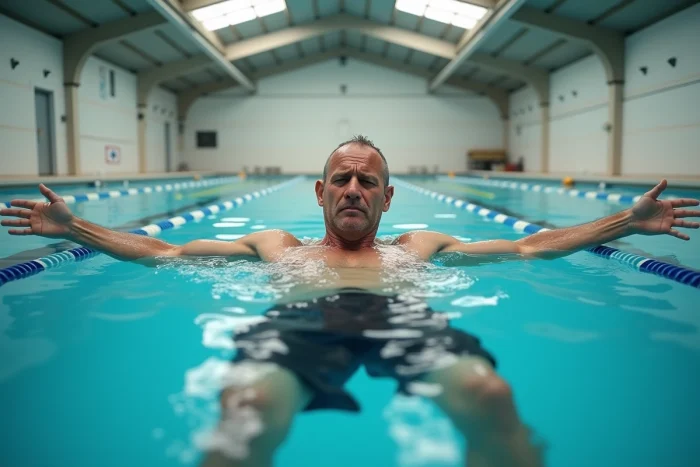 Homme musclé tentant de flotter sur le dos dans une piscine intérieure, montrant les difficultés de flottaison liées à la composition corporelle