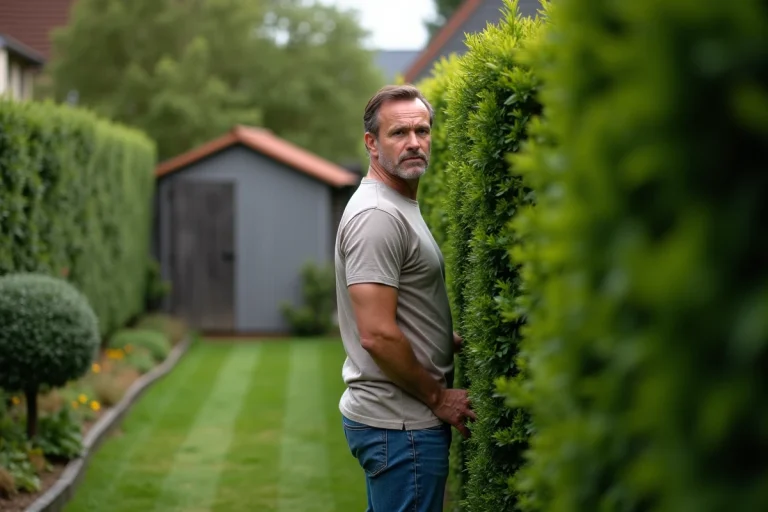 Homme d'âge moyen derrière un buisson dans un jardin résidentiel