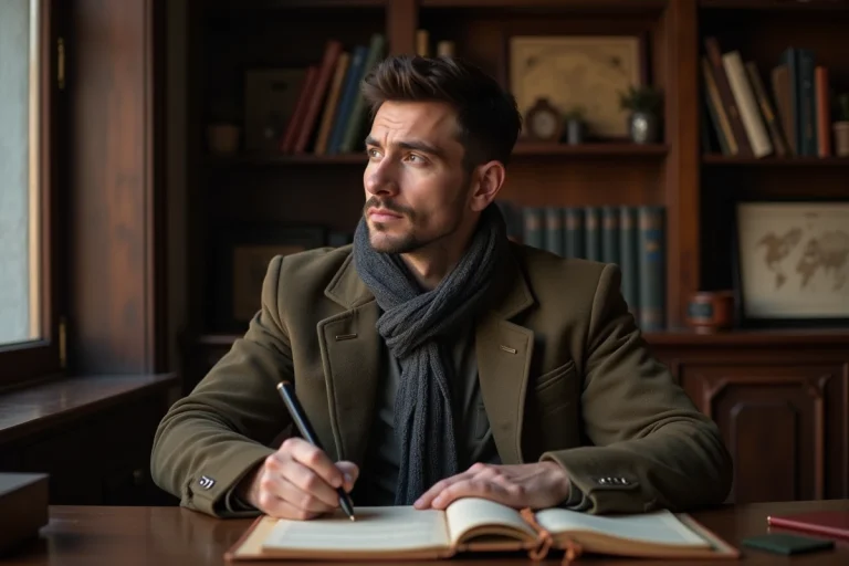Homme contemplatif dans une bibliothèque ancienne