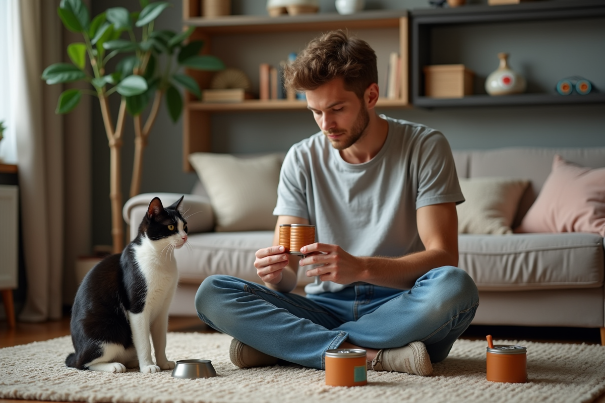 Jeune homme compare deux boîtes de nourriture pour chat