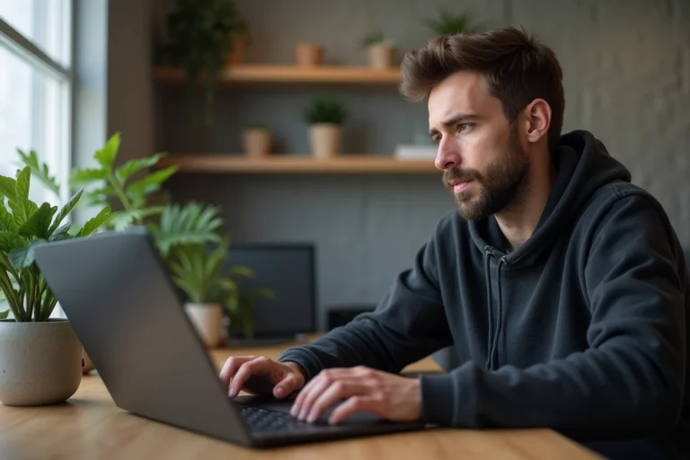 Homme en hoodie travaillant sur un ordinateur pour télécharger