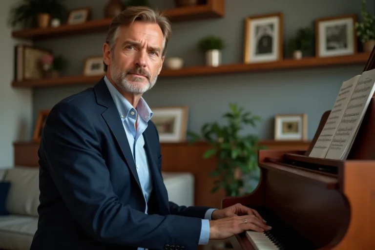 Homme d'âge moyen au piano dans un salon élégant