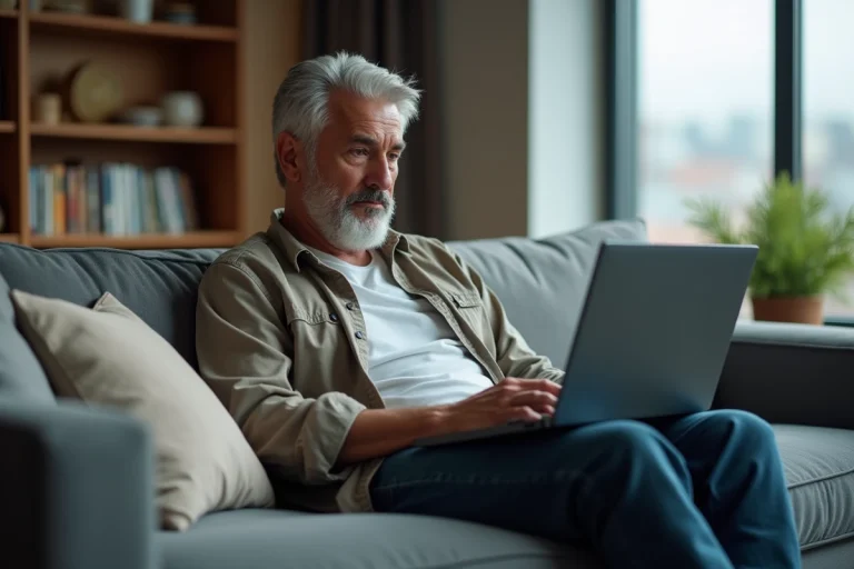 Homme d'âge moyen regardant un film sur son ordinateur portable dans un salon