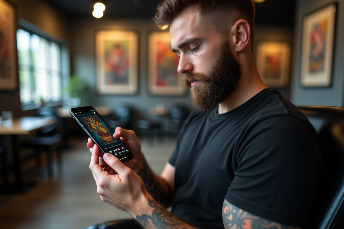 Homme tatoué regardant son smartphone avec un design coloré