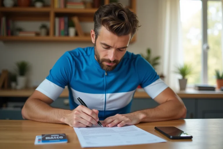 Cycliste remplissant un formulaire d'inscription à une course avec sa licence FFC posée sur la table