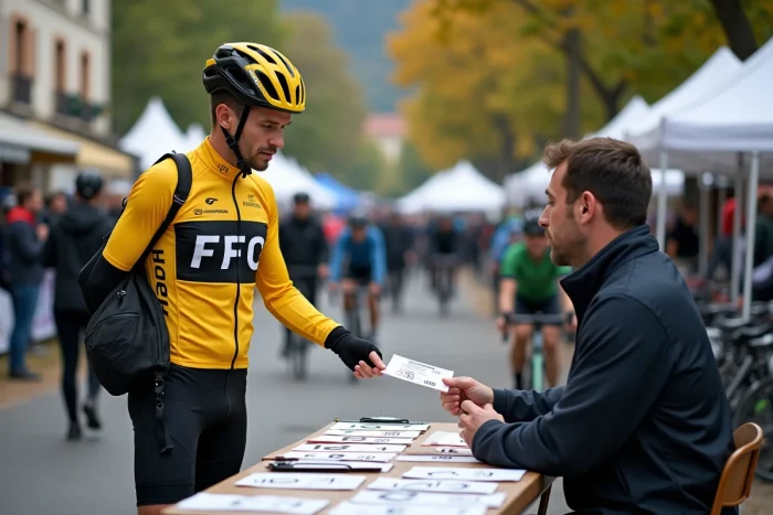 Cycliste remettant sa licence FFC à un officiel lors de l'inscription à une course cycliste en plein air