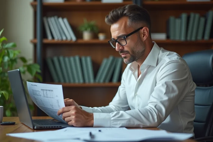 Investisseur immobilier consultant ses documents fiscaux sur les revenus fonciers à son bureau à domicile
