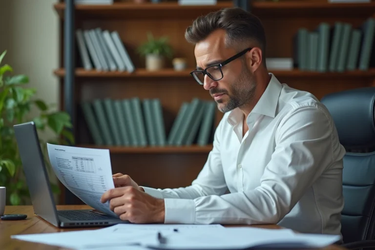 Investisseur immobilier consultant ses documents fiscaux sur les revenus fonciers à son bureau à domicile