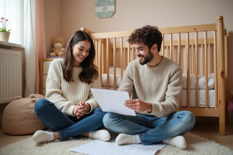 Jeune couple assemble un lit bébé dans la chambre