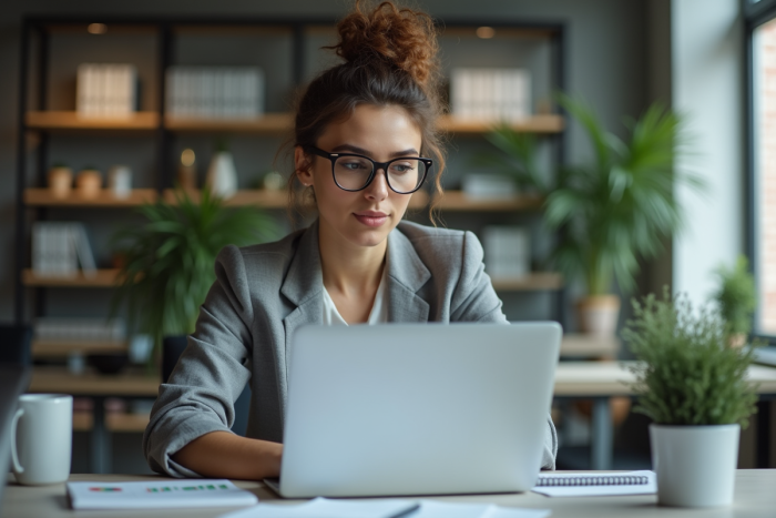Jeune femme entrepreneure analysant des données SEO sur un ordinateur