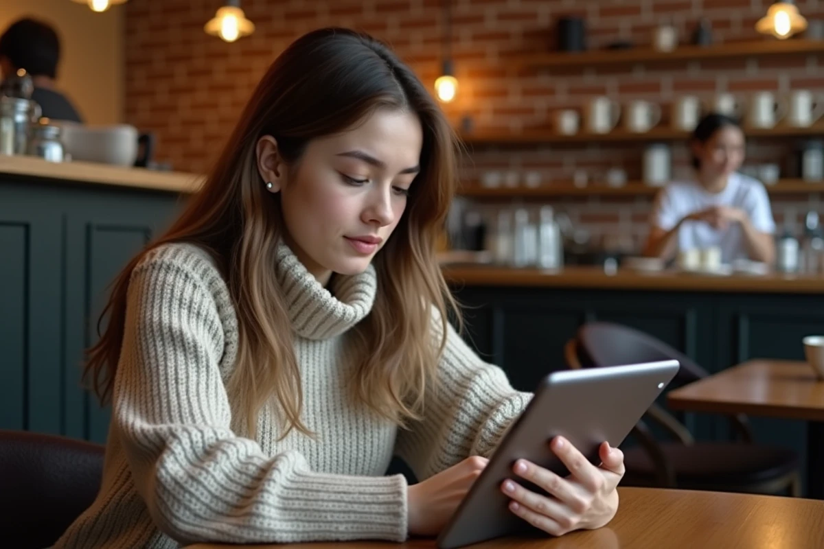 Jeune femme comparant des plateformes de streaming dans un café