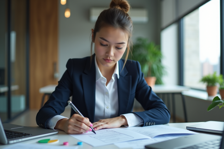 Jeune femme entrepreneure en bureau moderne avec documents