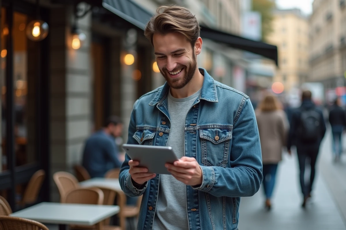 Jeune homme vérifiant ses analyses sur une tablette en extérieur