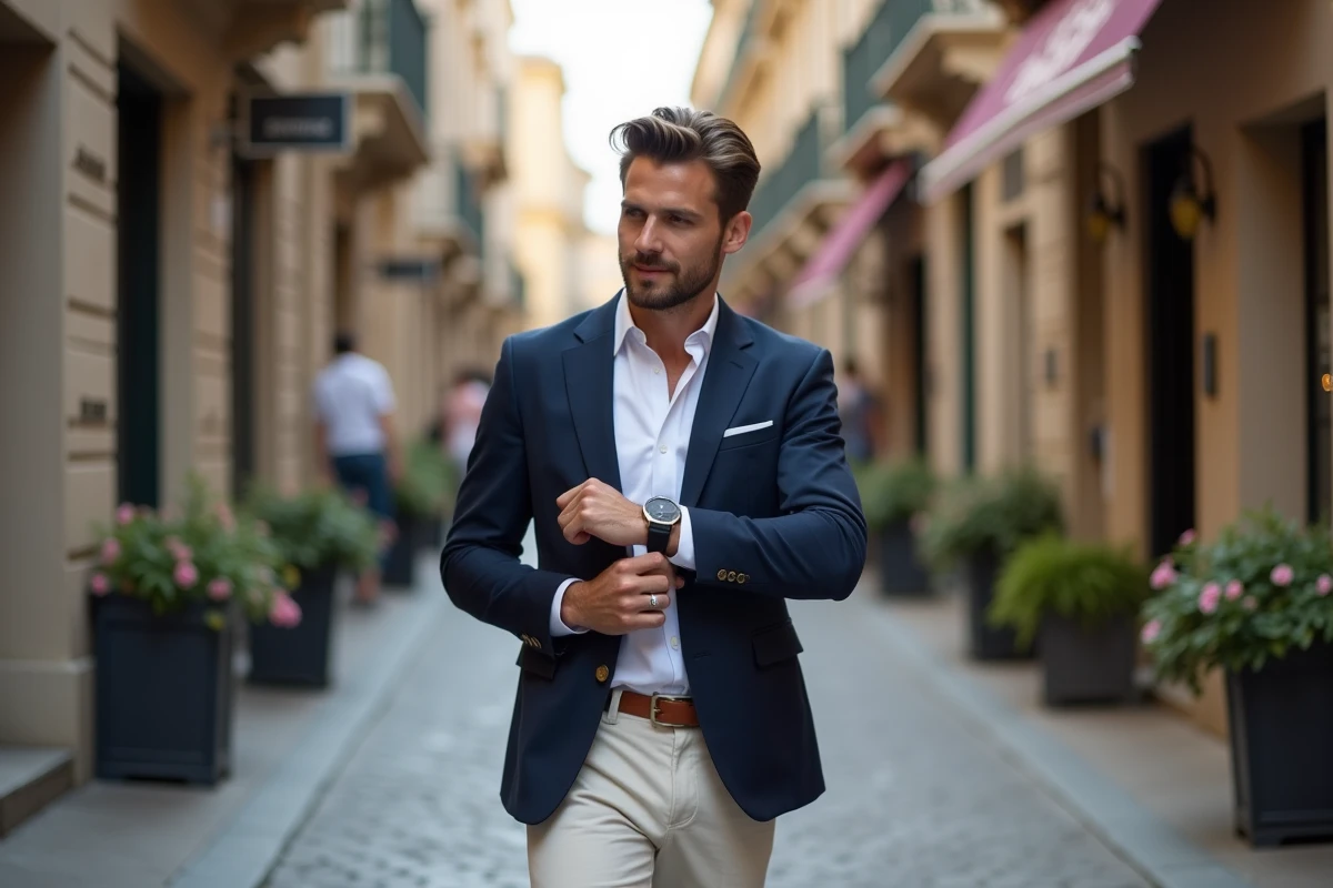 Jeune homme en veste navy sur une rue urbaine