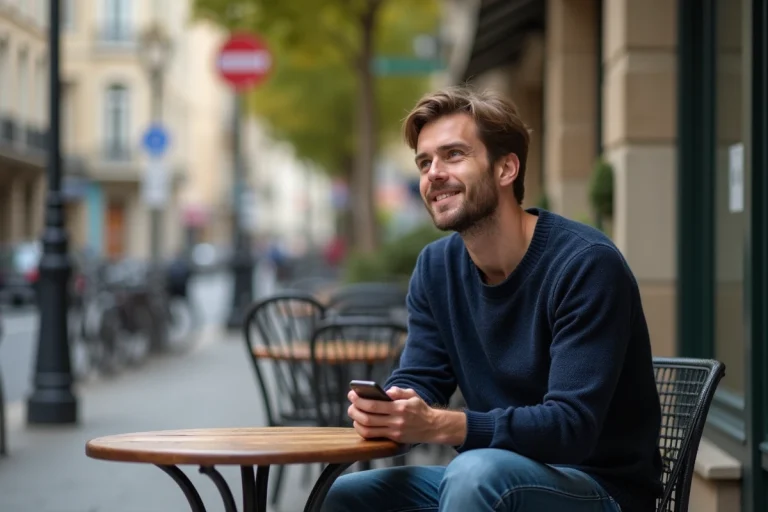 Jeune homme à Paris dans un café en plein air