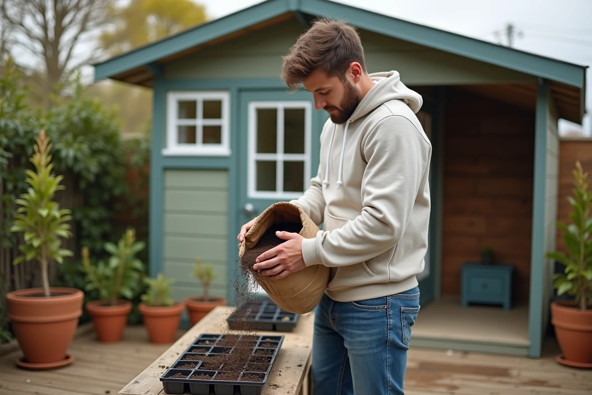 Jeune homme verse du terreau dans des plateaux de semis