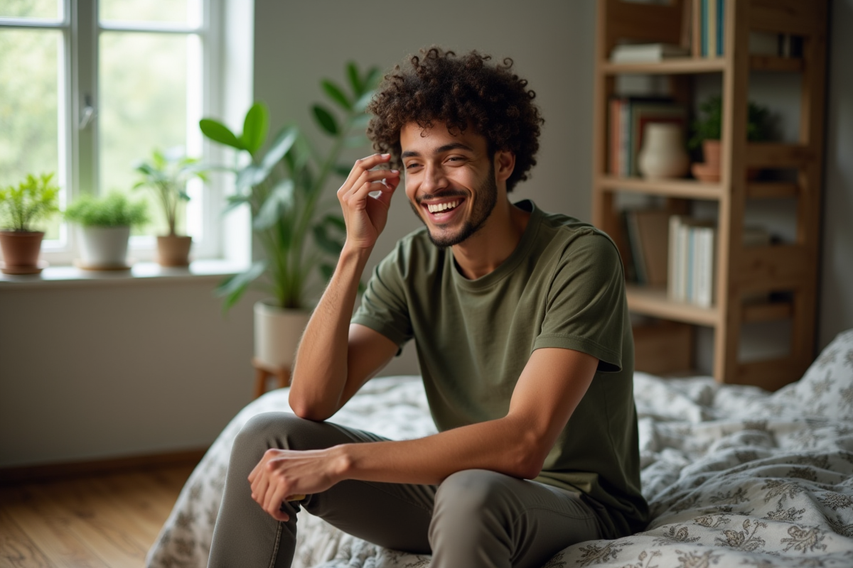 Jeune homme appliquant un soin capillaire dans sa chambre
