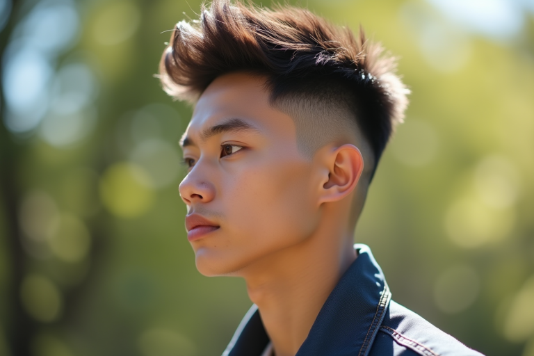 Jeune homme avec coupe moderne en plein jour