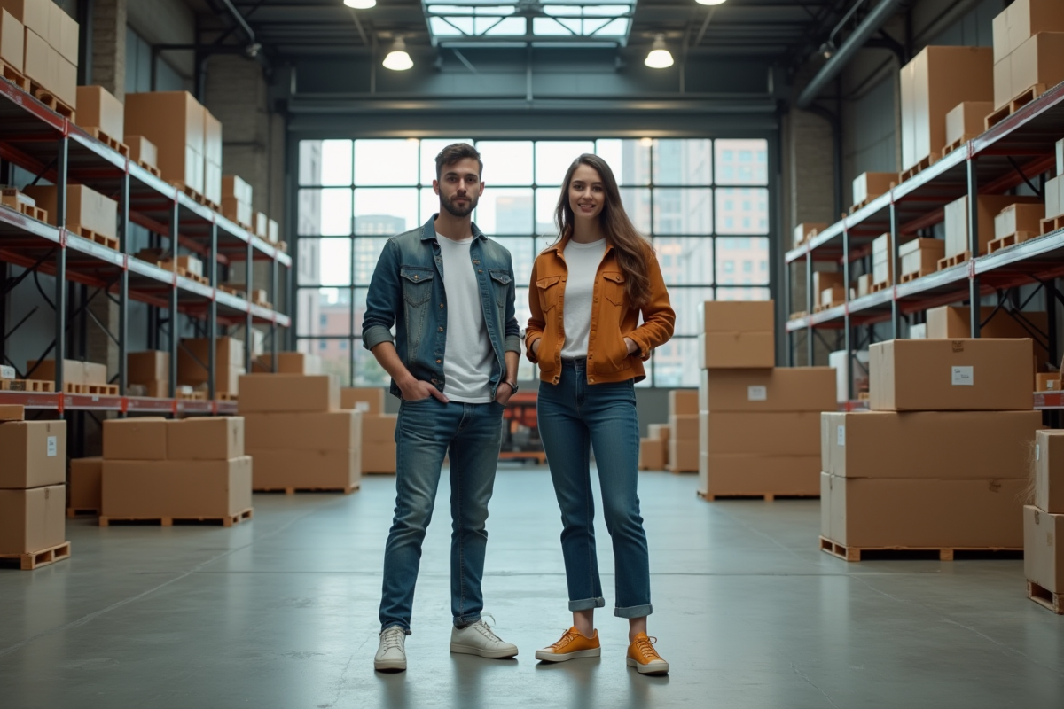 Jeune homme et femme dans un entrepôt industriel dynamique