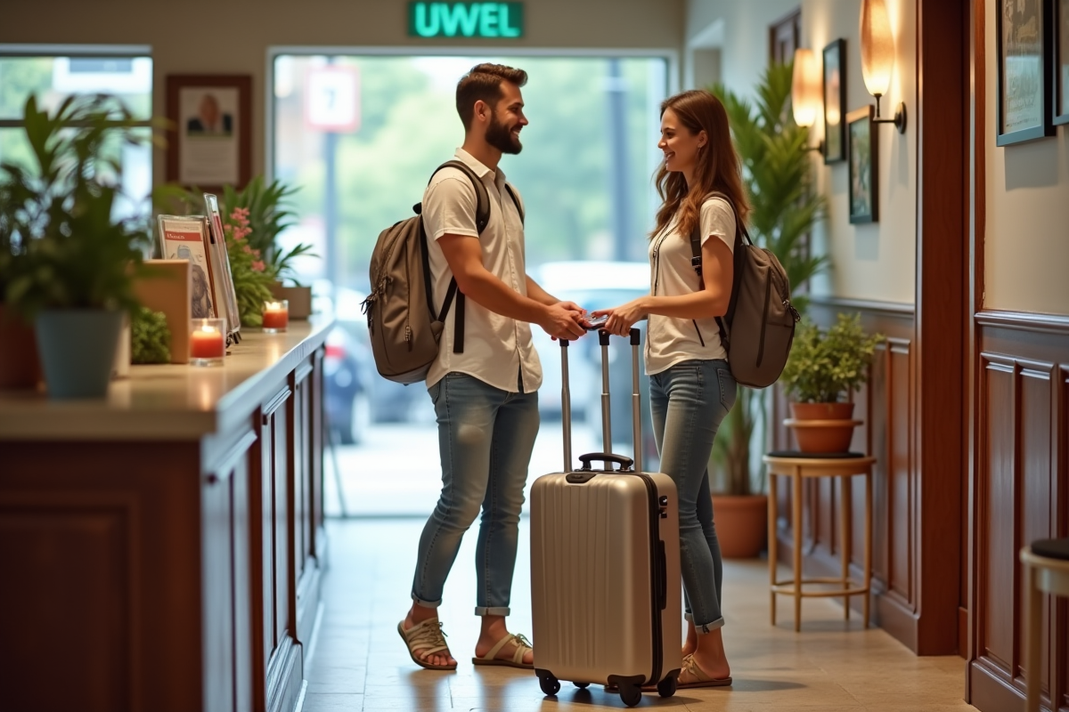 Jeunes mariés vérifiant leurs papiers dans un hall d