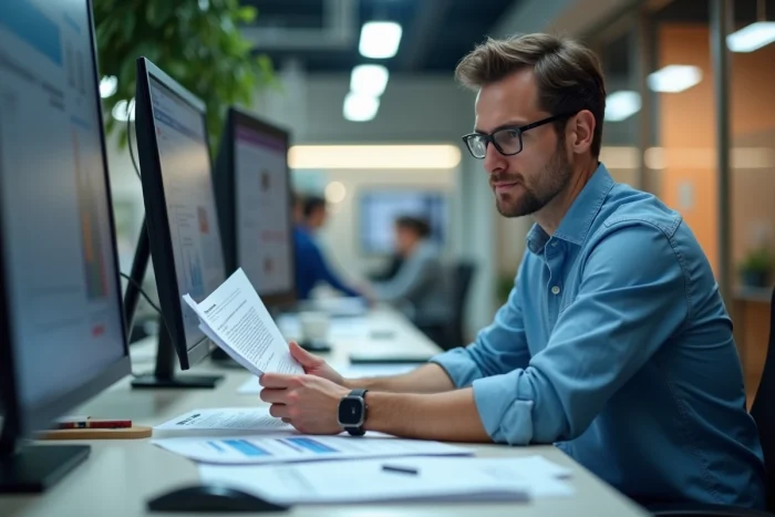 Journaliste masculin analysant des documents dans une salle de rédaction moderne, évoquant la réflexion éthique sur les limites du partage d'informations privées