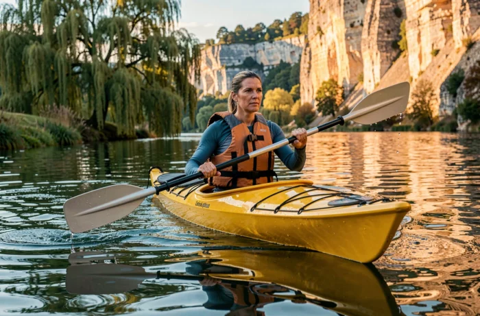 Femme faisant du kayak sur la Lesse en Belgique entourée de falaises calcaires et de saules pleureurs