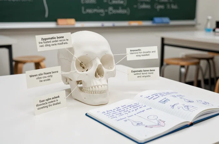 Maquette de crâne anatomique avec étiquettes des parties du corps en Z posée sur une table de classe scientifique