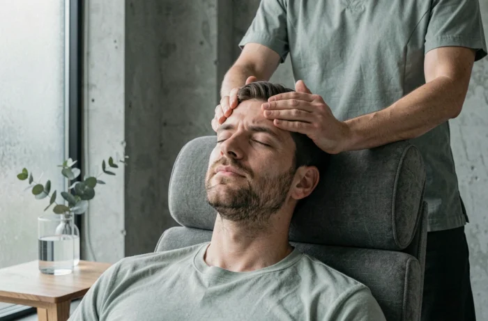 Homme recevant un massage crânien relaxant dans un spa urbain minimaliste, expression de détente profonde et bien-être émotionnel