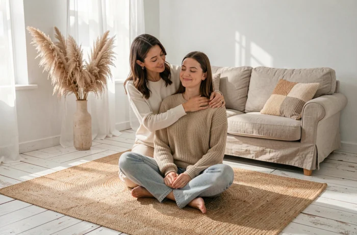Deux amies adultes pratiquant un massage des épaules à domicile dans un salon lumineux et chaleureux, symbolisant le soutien émotionnel et la connexion humaine