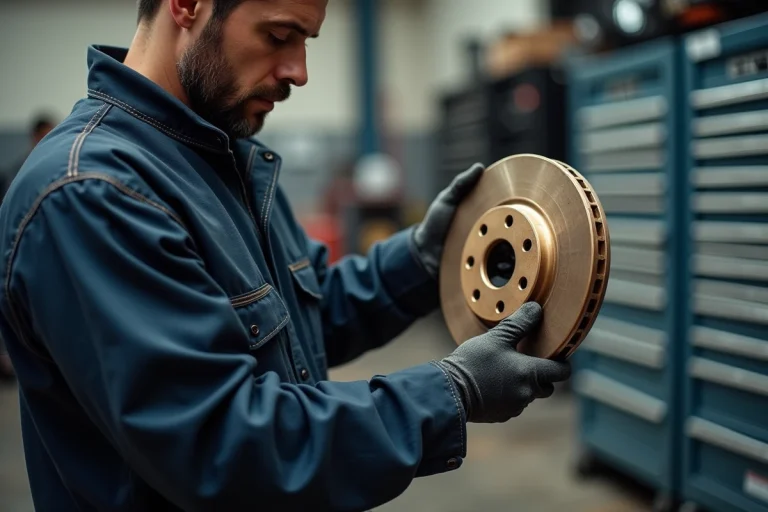 Mécanicien automobile tenant un disque de frein en céramique dans un atelier professionnel