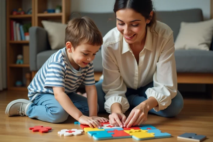 Mère accompagnant son fils dans un jeu de puzzle en bois sur le parquet du salon, moment de complicité et d'épanouissement de l'enfant