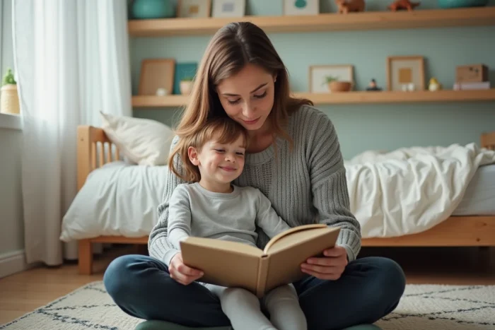 Mère lisant une histoire à son jeune fils dans sa chambre avant de dormir, moment de tendresse essentiel au développement émotionnel de l'enfant