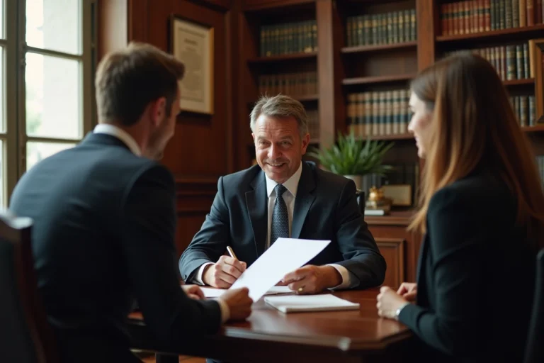 Notaire en costume avec couple dans un bureau français