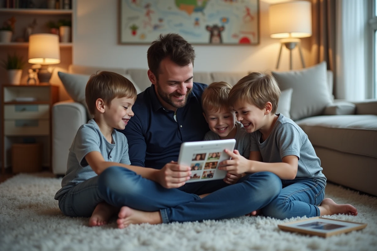 Pere et enfants regardant une photo sur une tablette