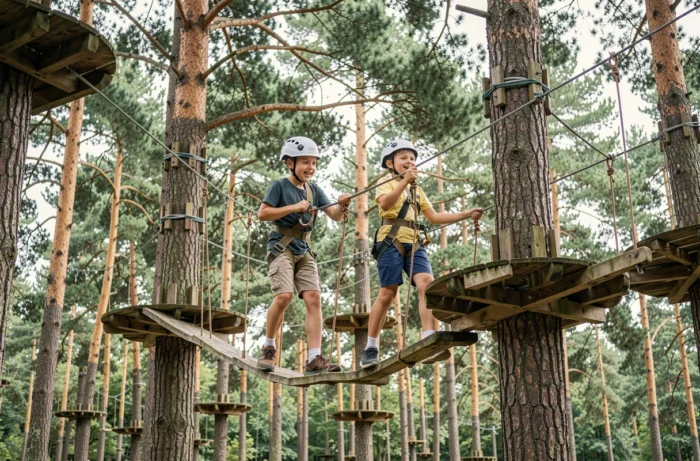 Deux garçons traversant un pont de corde dans un parc aventure en forêt de Hageland en Belgique