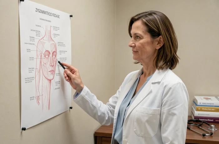Médecin femme expliquant les parties du corps humain commençant par Z sur un poster anatomique dans un cabinet médical